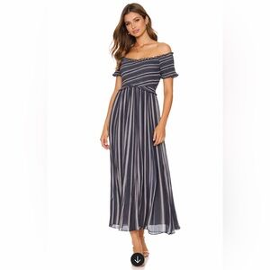Japna Maxi Dress Women,Size XS,Blue Striped Smocked Criss Cross Off-the-Shoulder